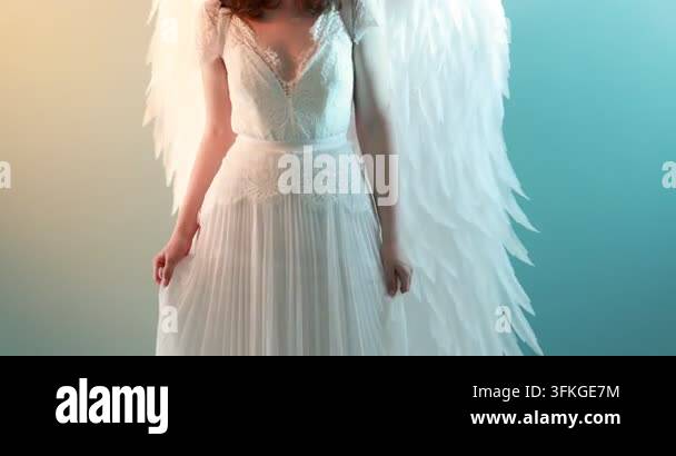 Beautiful girl dressed as angel in neon light on color background ...