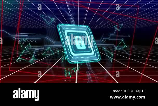 Animation of padlock icon with computer circuit board over shapes and ...