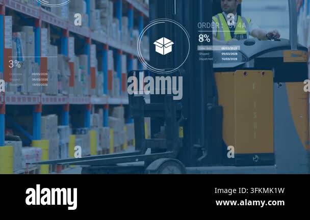 Operator pressing controls moving warehouse aisle as HUD package icons ...