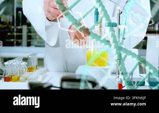 Lab Baker Science DNA overlay appearing, scientist picking red vial, pipetting into ...