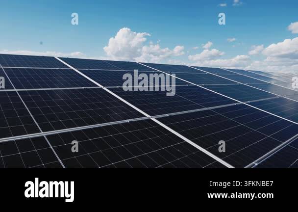 Close-up aerial view of a large solar panel array under a blue sky with ...