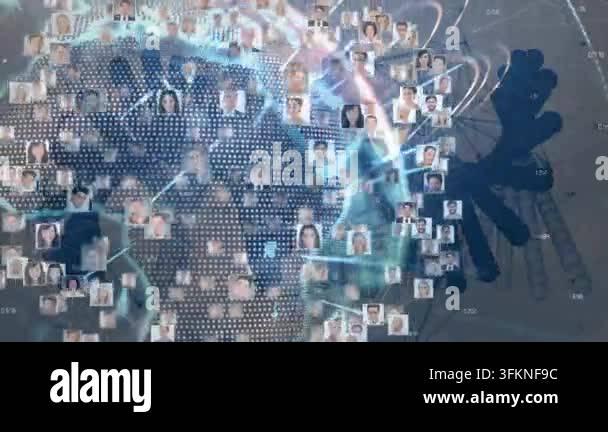 Data feed initiating rotating dotted globe populating user portrait ...