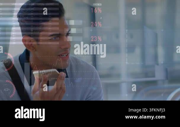 Technical Data Visualization Man holding phone near mouth, speaking activating tech data overlay 45% ...
