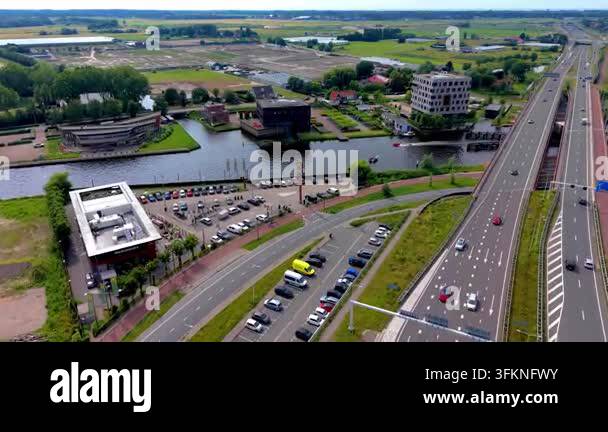 Driving Ramp Vector Wide-angle horizontal aerial drone video shot looking over a major ...
