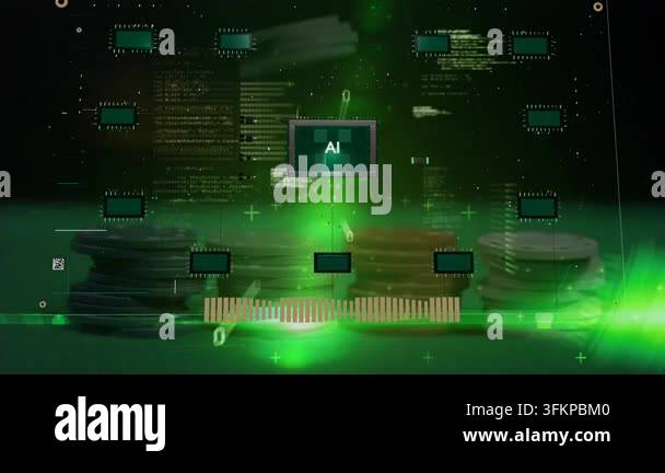 Green glow rising sparking central AI chip appearing, circuits ...