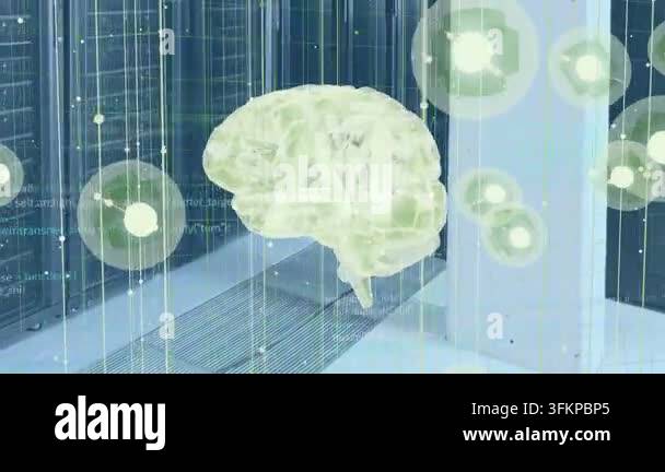 Data signal activating holo brain appearing before server racks ...
