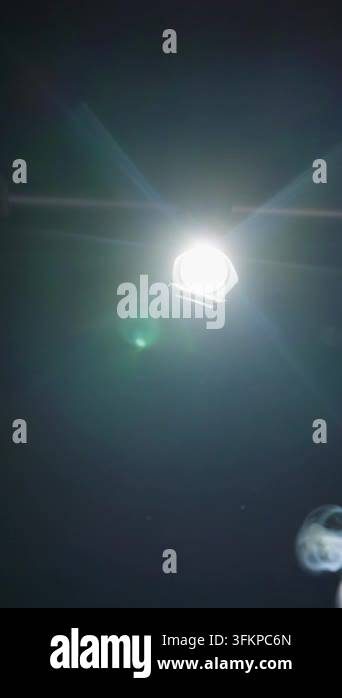 Bright flashlight beam shines directly forward through swirling thick ...