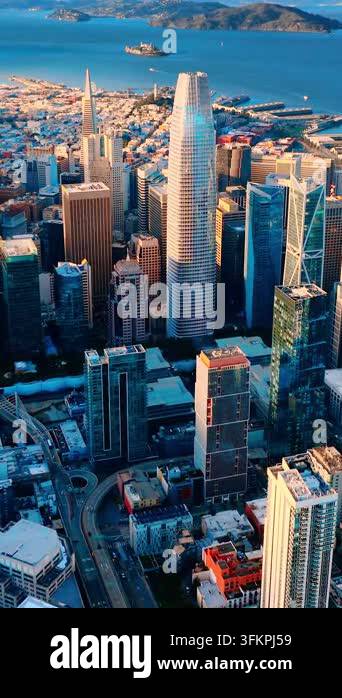 Elevated view of San Francisco skyline and Salesforce Tower. Drone ...