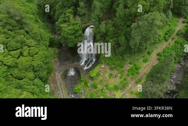 Aerial view of a high waterfall flowing through dense green forest ...
