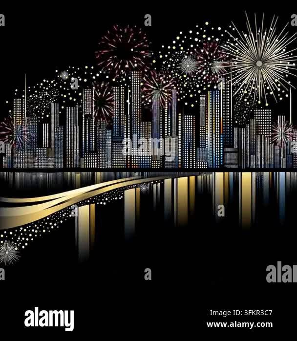 Stylized city skyline with fireworks reflecting in dark water Stock ...