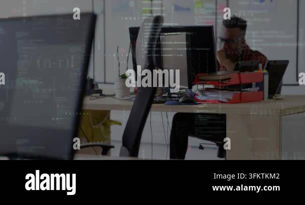 Technical Data Visualization Cam panning via front monitor man studying screen, analyzing tech data ...