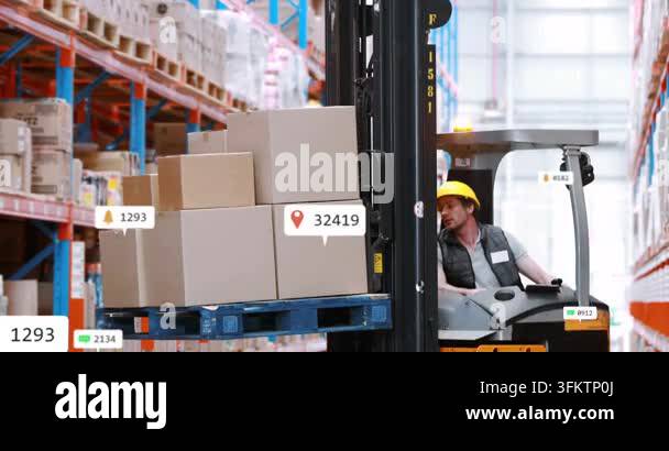 Pallet Rack Length Forklift driver lifting pallet and driving aisle, tags updating around ...