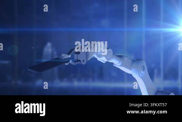 Process In Computer Sign Animation of robot's arm, tablet and globe with data processing over ...