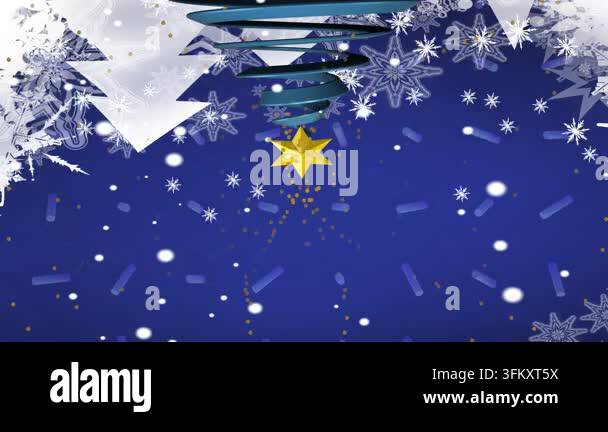Animation of upside down christmas tree and vector snowflakes falling ...