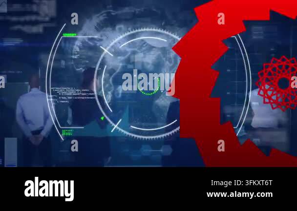 Process In Computer Sign Animation of red abstract shapes and scope over rear view of ...
