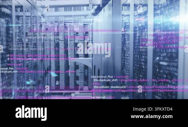 Computer code animation over servers in data center. Technology, coding ...