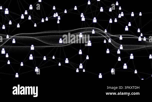Network of connections and data flow animation over black background ...