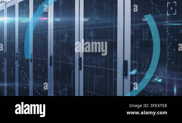 Animation of circular scanner processing firewall data over server room ...