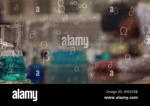 Lab Baker Science Animation of scientific symbols over lab glass. science, chemistry and ...