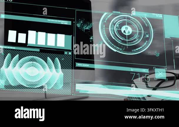 Process In Computer Sign Animation of digital screen with data over computer screen with copy ...