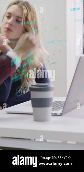 Technical Data Visualization Vertical video: Woman using laptop while hand entering and pointing at ...