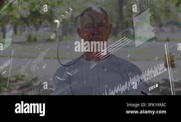 Technical Data Visualization Senior man sitting on bench, tech HUD graphics appearing, forming ...