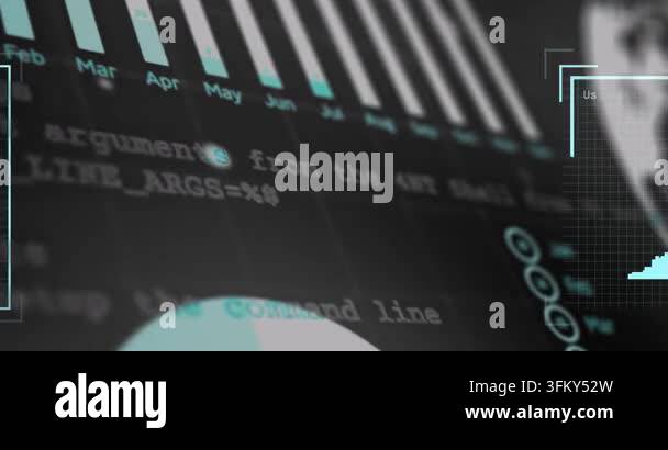 Process In Computer Sign Animation of user photos and graphs on black background. Data ...