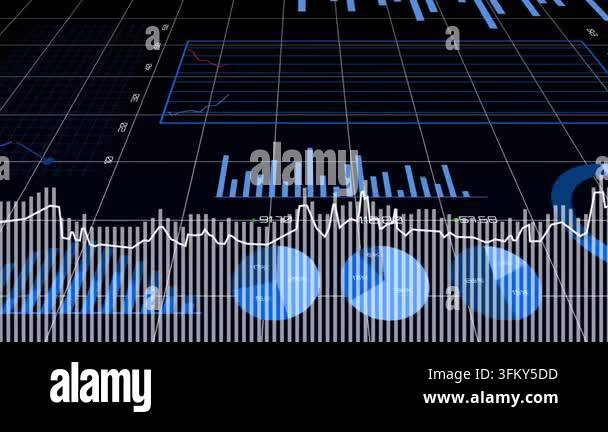 Technical Data Visualization 3D tech dashboard receiving data, white line spiking, bars varying ...