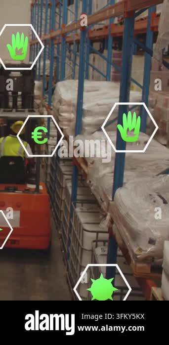 Vertical video: Driver operating forklift entering aisle, green icons ...