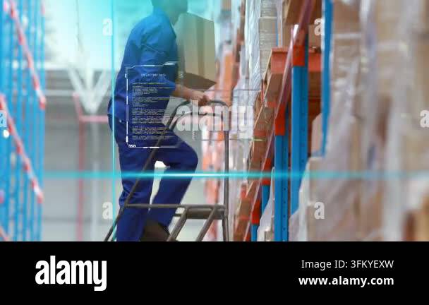 Male warehouse worker stepping up ladder, picking box for inventory ...