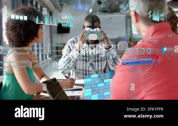 Technical Data Visualization Center man reaching for VR headset, securing it and manipulating ...