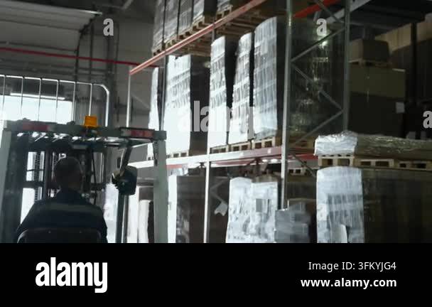 Pallet Rack Length Rear view of male worker driving forklift in spacious warehouse aisle ...