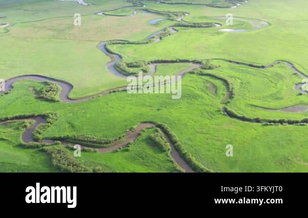 Aerial view of winding river through green landscape Stock Video ...
