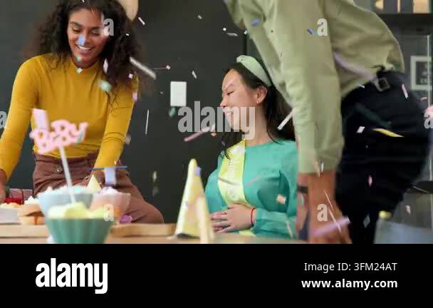 Animated confetti falling, helpers serving food while honoree reaching ...