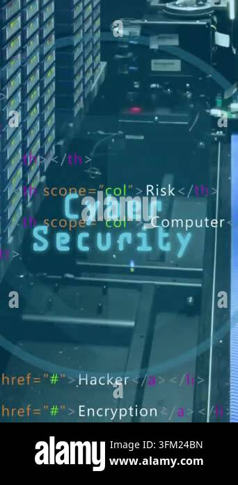 Animation of shield icon and data processing over computer servers ...