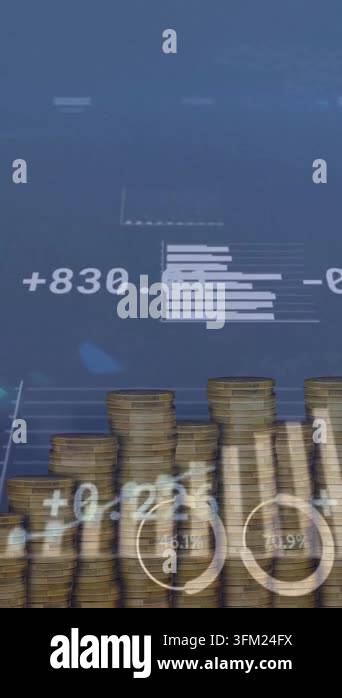 Animation of digital data processing over stacks of coins. Global ...