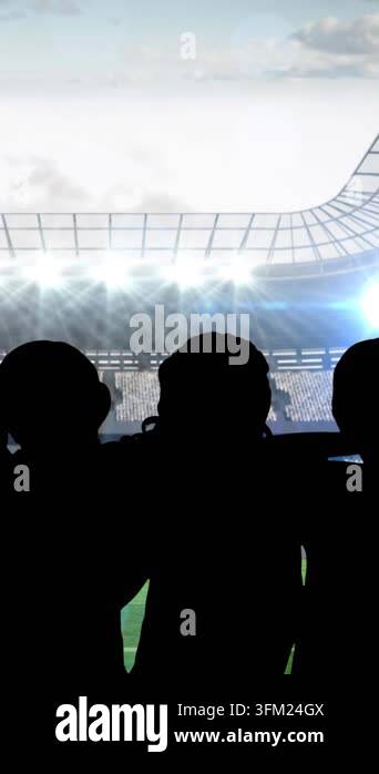 Animation of silhouettes of team of sports women with spotlights over ...