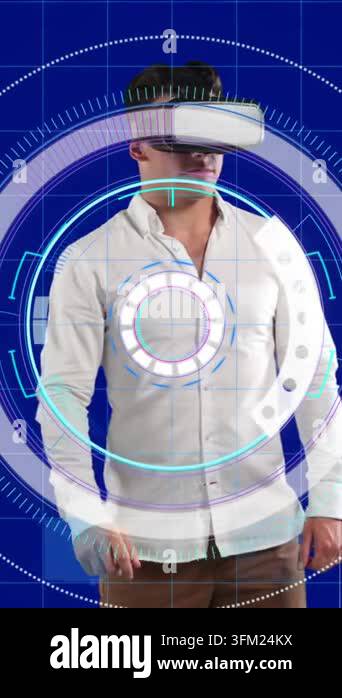 Process In Computer Sign Data processing and scope scanner over man wearing vr headset against ...