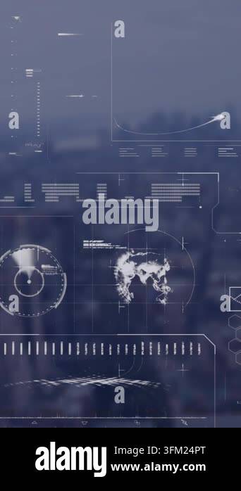 Animation of interface with data processing against aerial view of ...