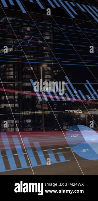 Animation of data processing over cityscape. Global connections and ...
