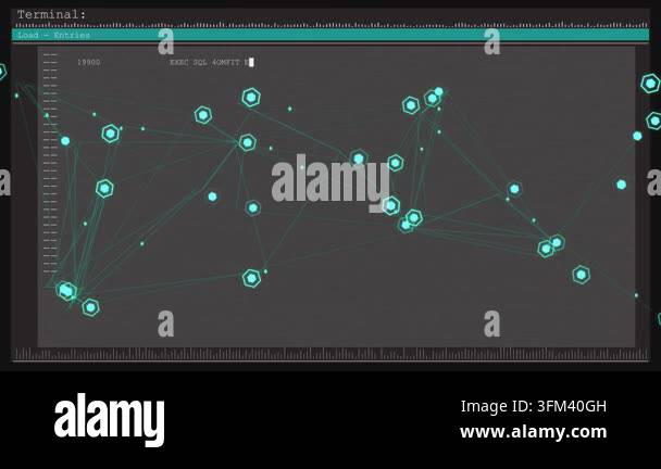 Displaying centered terminal scrolling SQL text on black field, with ...