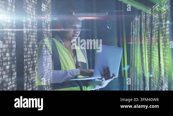 Inspection Racks Identification Server tech reading logs, typing laptop and checking LEDs, matrix ...
