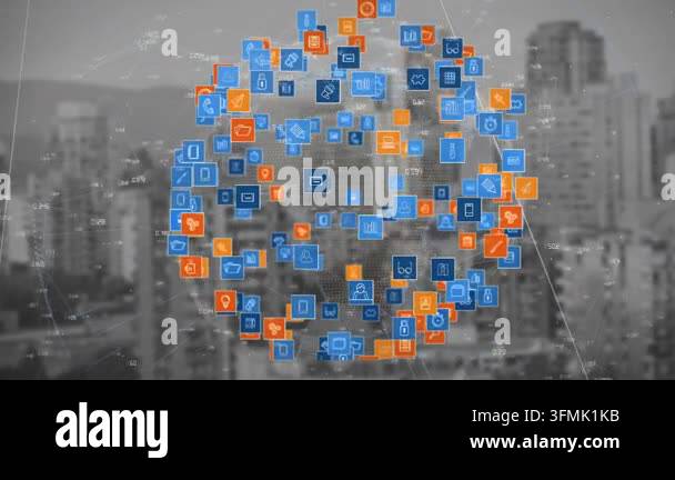 Animation of globe with network of connections and icons and cityscape ...