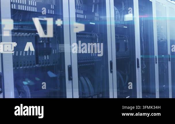 Animation of icons and data processing over server room. global ...
