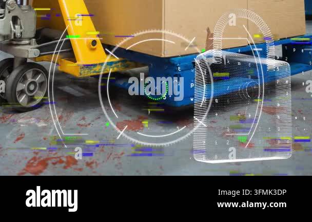 Animation of data processing over warehouse. Global business, finance ...