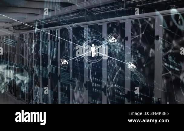 Animation of network of connections and data processing over computer ...