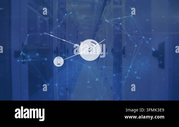 Animation of network of connections and digital icons against computer ...