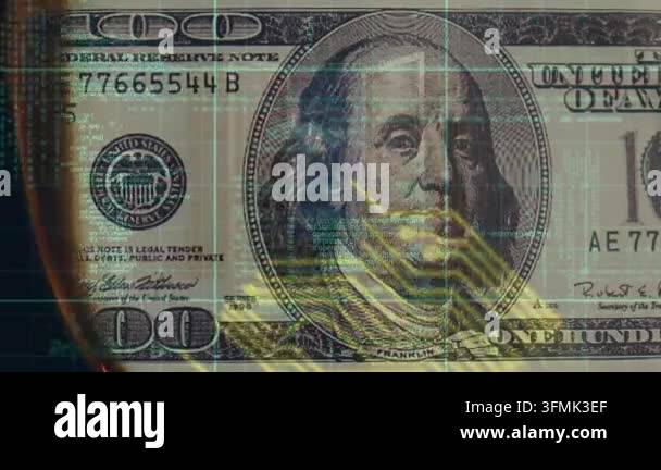 Animation of data processing over banknotes. global business, gambling ...