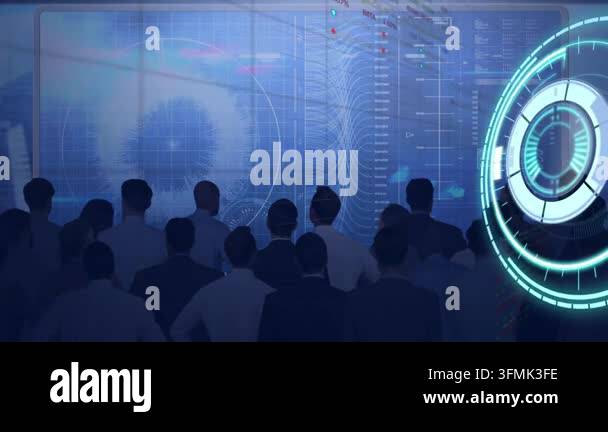 Computer Tagging Animation of round scanner over rear view of businesspeople against ...