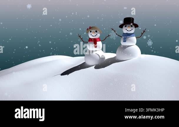 Animation of snow falling over snowmen in winter scenery. Winter ...